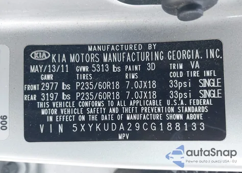 2012 Kia Sorento Ex V6 z USA, uszkodzony, nr VIN 5XYKUDA29CG188133